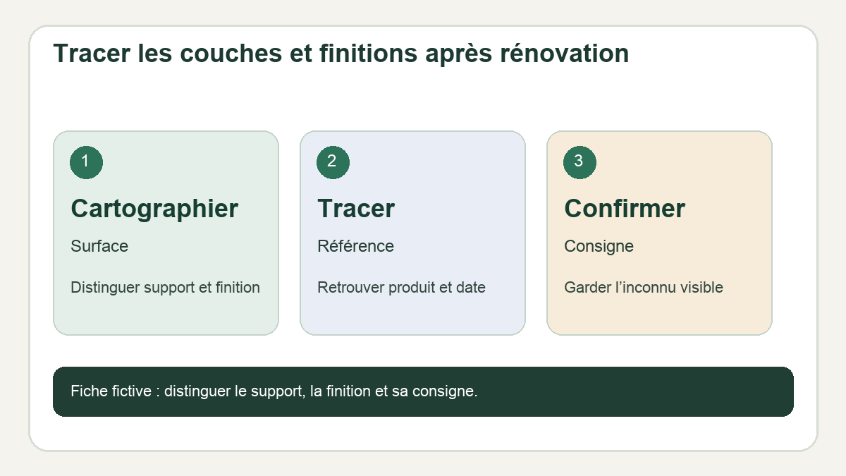 Schéma original : Cartographier — Surface, Distinguer support et finition ; Tracer — Référence, Retrouver produit et date ; Confirmer — Consigne, Garder l’inconnu visible.
